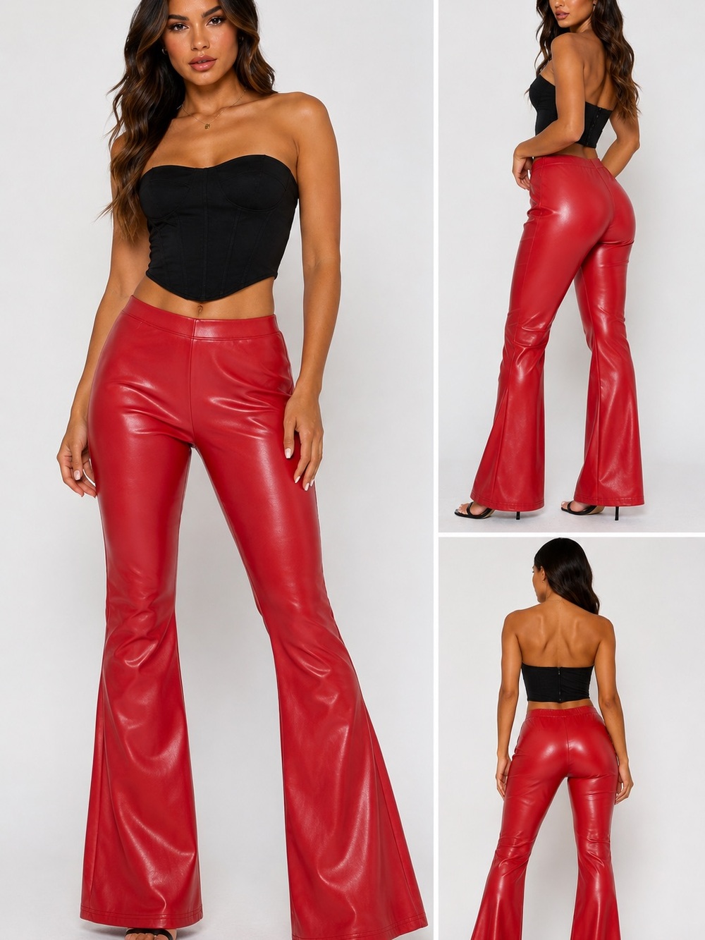 PrettyLittleThing Red Faux Leather Flared Pants High Rise Y2K Size 6